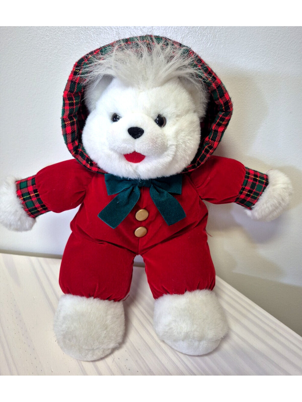 Vintage 1993 KMART Christmas Teddy Bear white Plush Doll in Red & Green Plaid